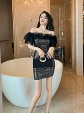 Off-Shoulder Ruffled Sleeves Dazzling Mini Dress S / Black